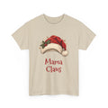 Sand Mama Claus t-shirt with a red Santa hat and holly, front view