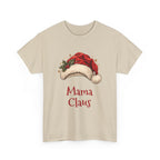 Sand Mama Claus t-shirt with a red Santa hat and holly, front view