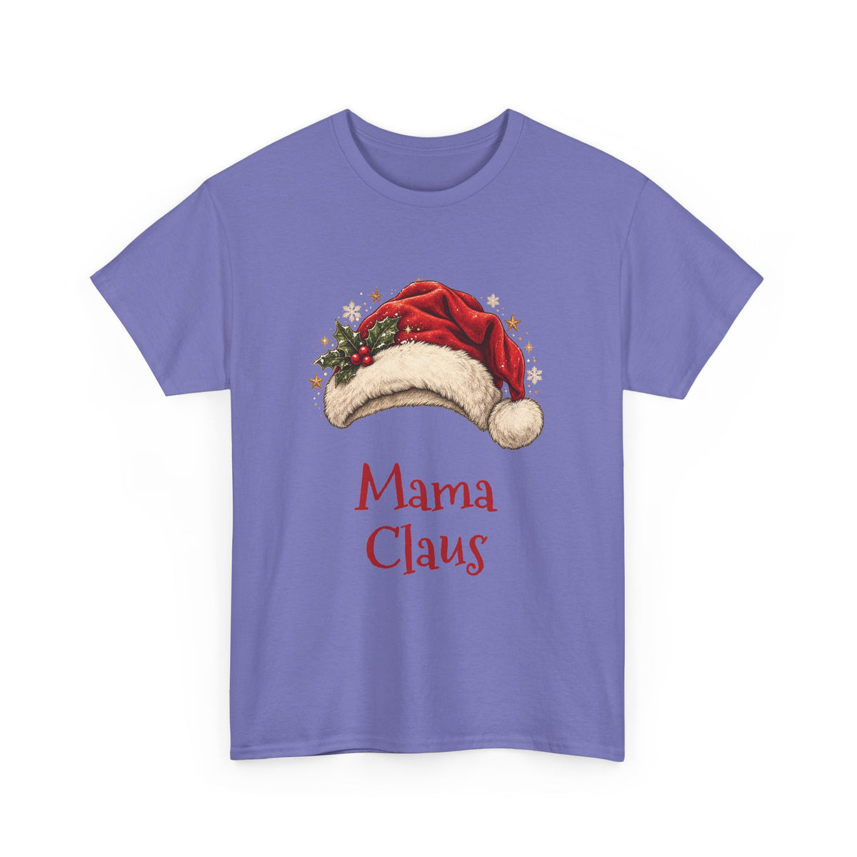 Violet Mama Claus t-shirt with a red Santa hat and holly, front view