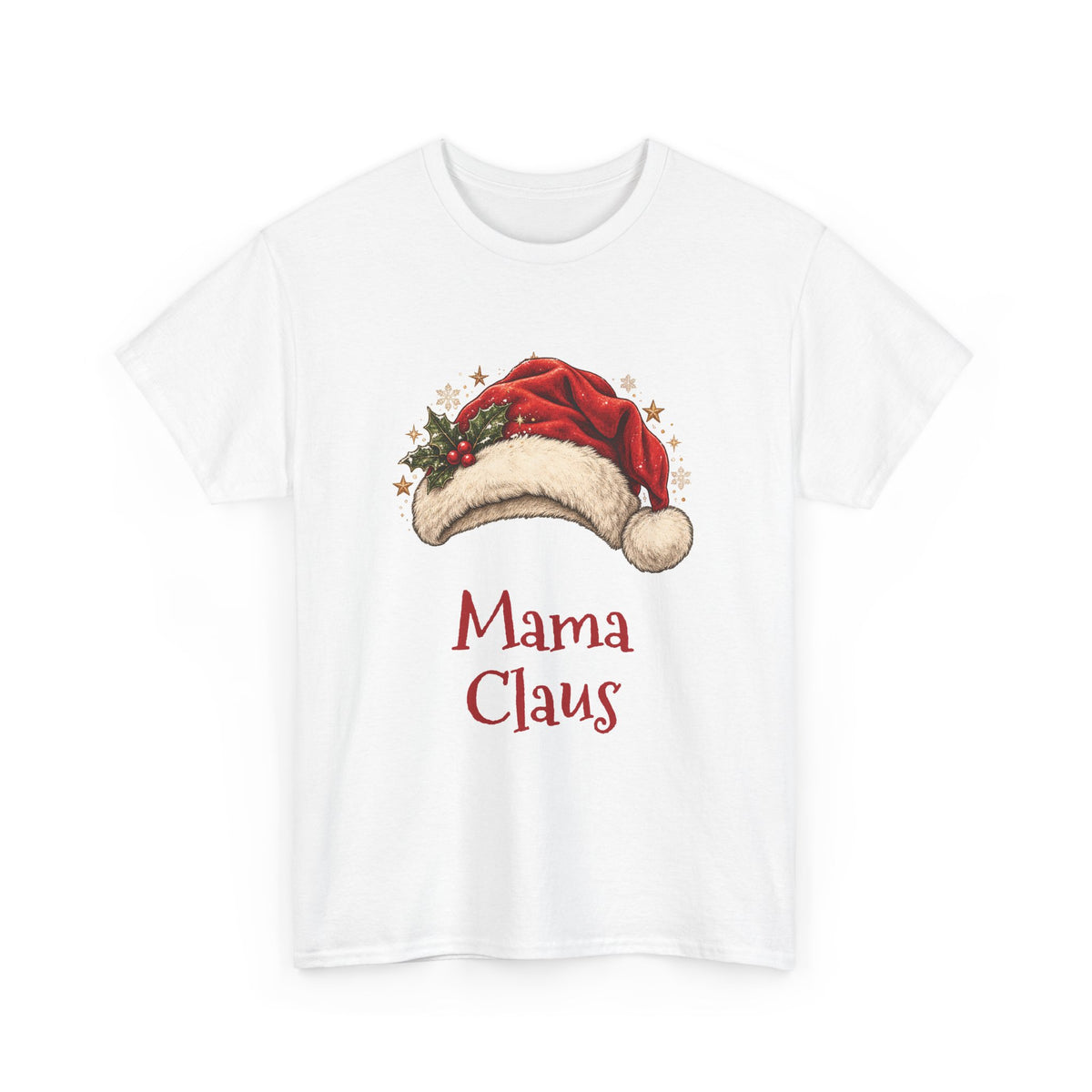 White Mama Claus t-shirt with a red Santa hat and holly, front view