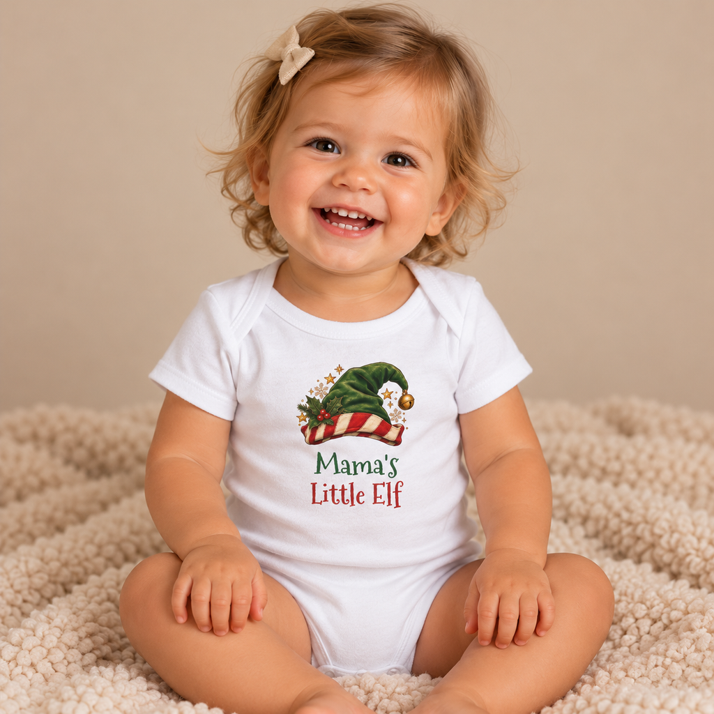 Baby wearing the White Mama's Little Elf Baby Bodysuit