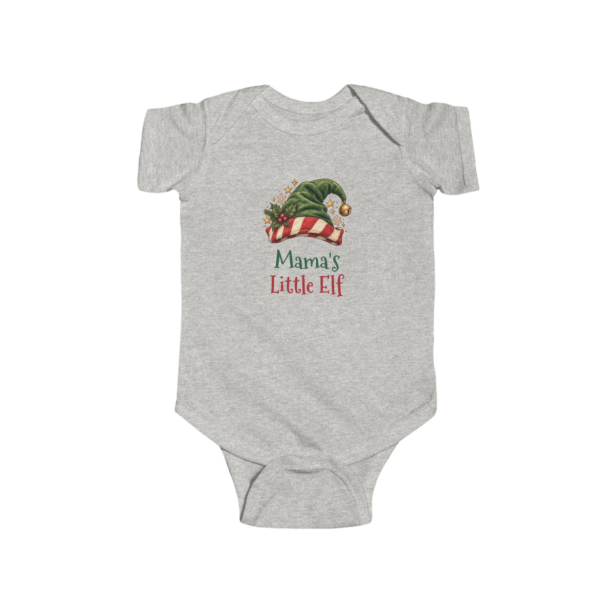 Ash Mama's Little Elf baby bodysuit with a green elf hat and holly, front view