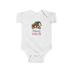 White Mama's Little Elf baby bodysuit with a green elf hat and holly, front view