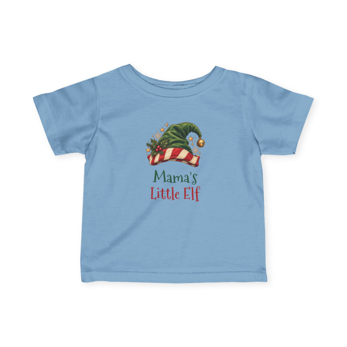 Light Blue Mama's Little Elf baby t-shirt with a green elf hat and holly, front view