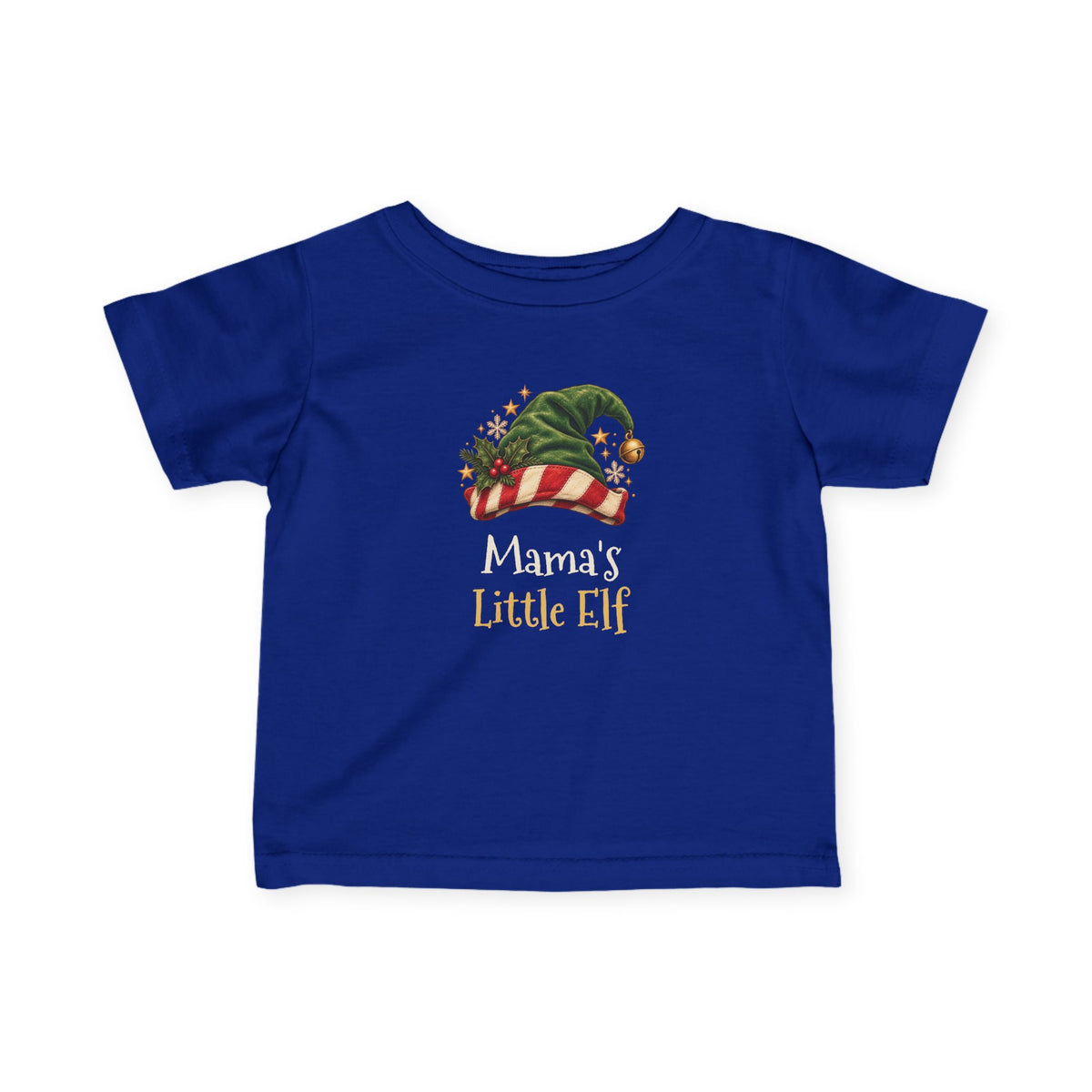 Royal Mama's Little Elf baby t-shirt with a green elf hat and holly, front view