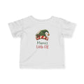 White Mama's Little Elf baby t-shirt with a green elf hat and holly, front view
