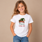 Girl wearing the White Mama's Little Elf Kids T-Shirt