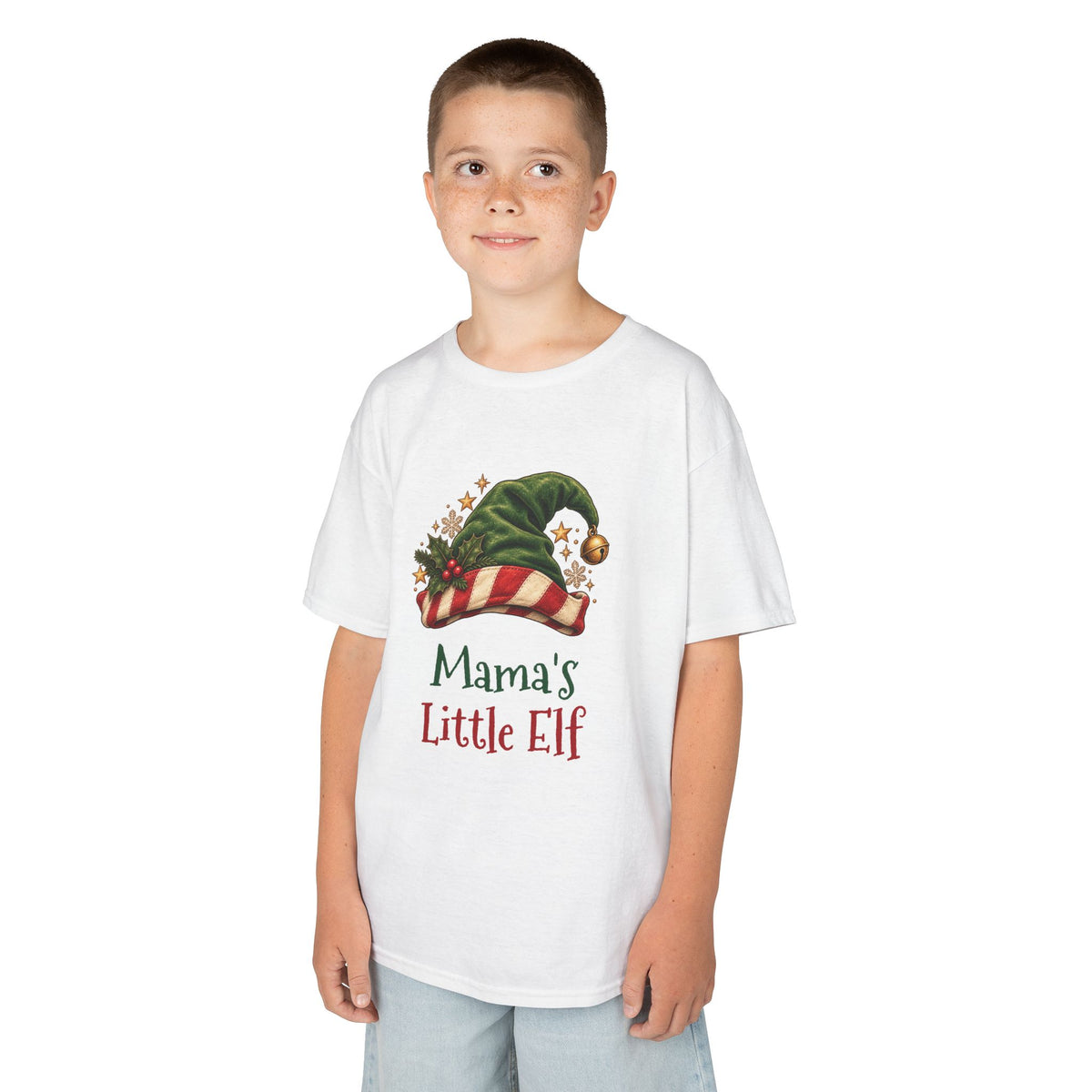 Boy wearing the Mama's Little Elf Kids T-Shirt