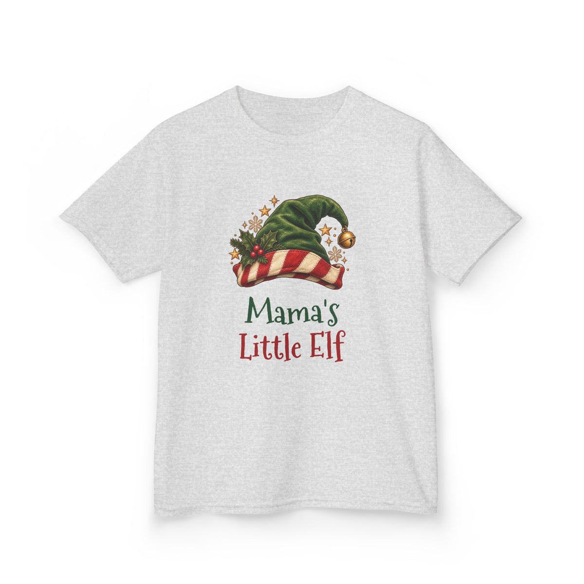 Ash Mama's Little Elf kids t-shirt with a green elf hat and holly, front view