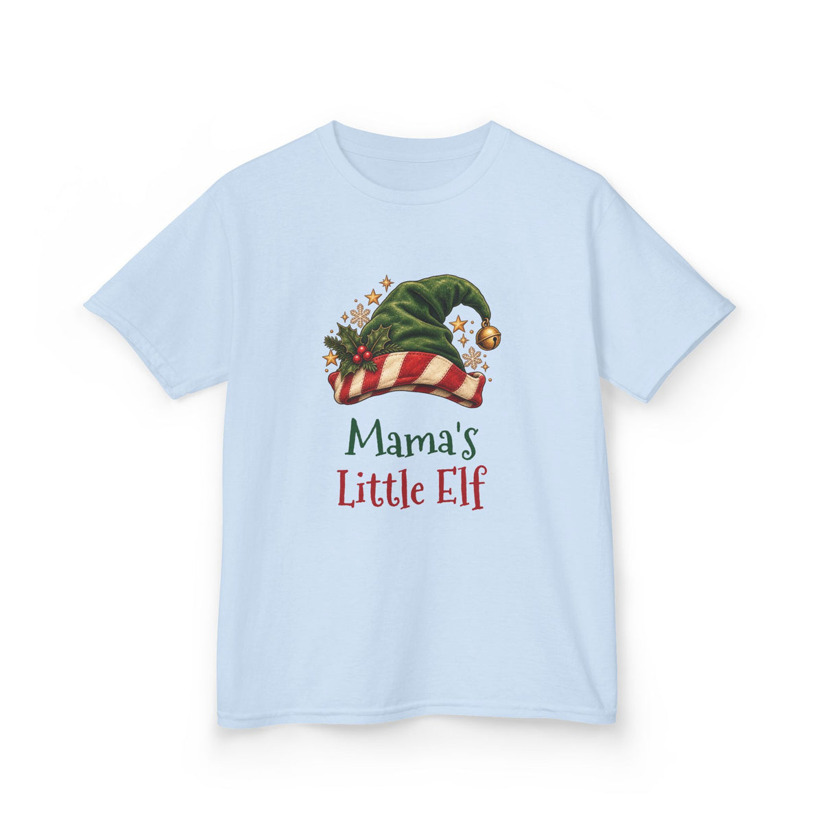 Light Blue Mama's Little Elf kids t-shirt with a green elf hat and holly, front view