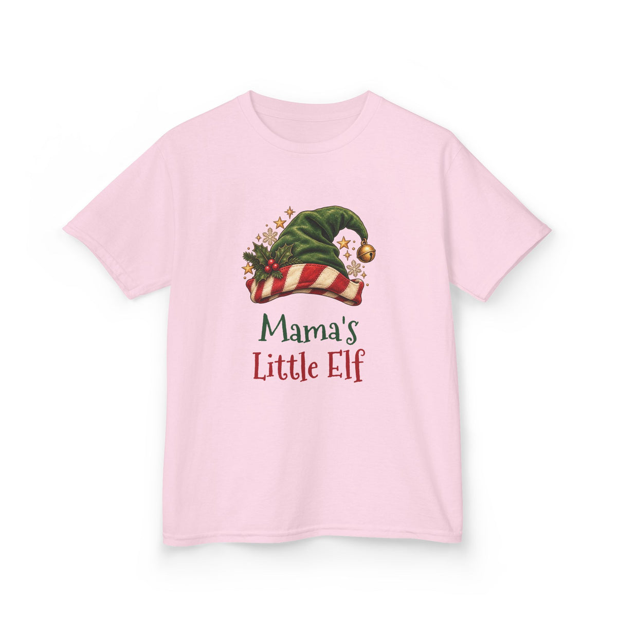 Light Pink Mama's Little Elf kids t-shirt with a green elf hat and holly, front view