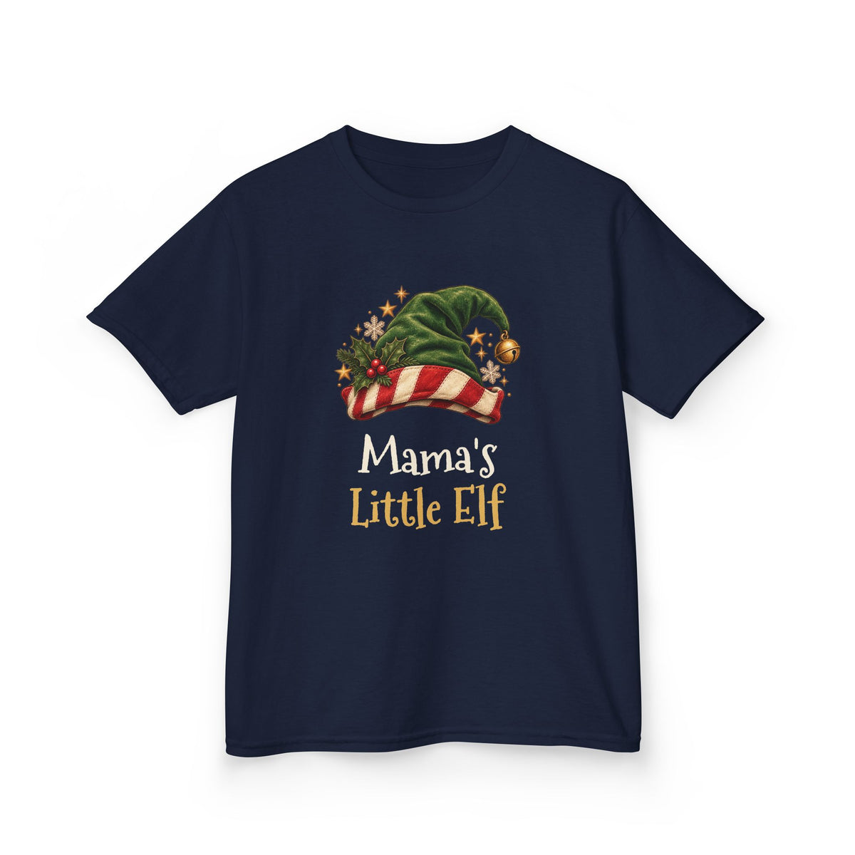 Navy Mama's Little Elf kids t-shirt with a green elf hat and holly, front view