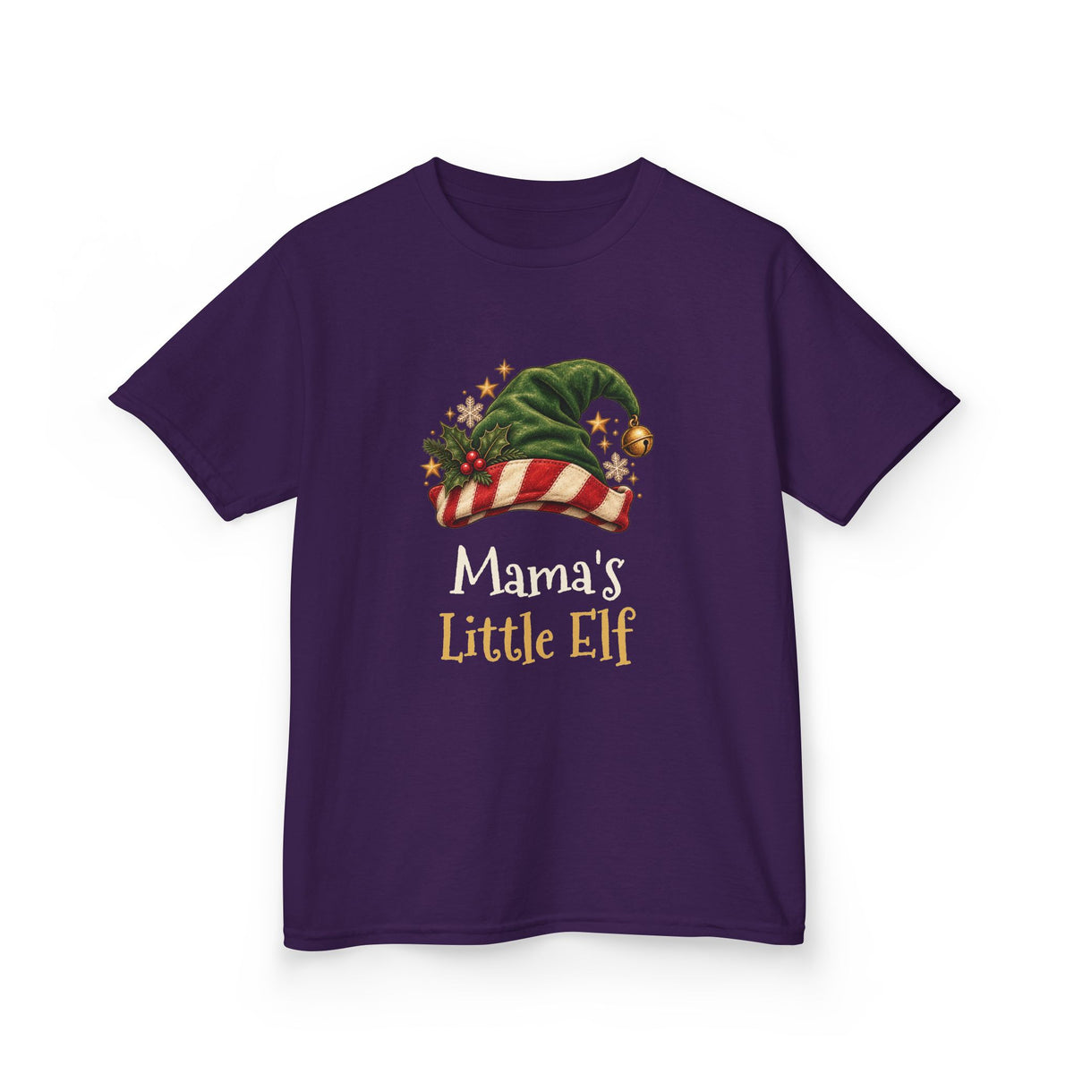 Purple Mama's Little Elf kids t-shirt with a green elf hat and holly, front view