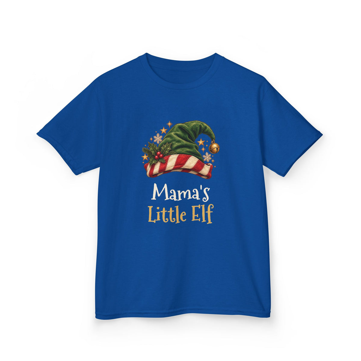 Royal Mama's Little Elf kids t-shirt with a green elf hat and holly, front view
