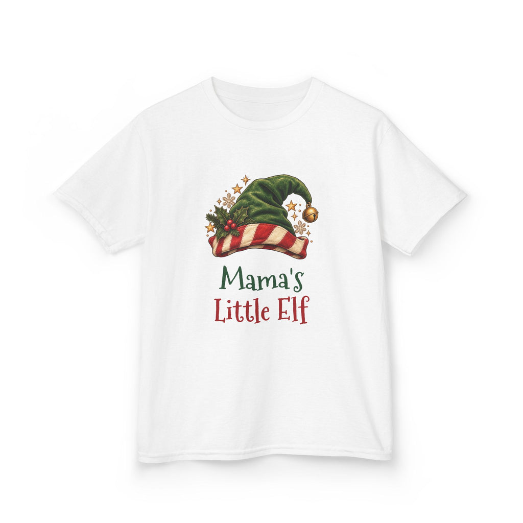 White Mama's Little Elf kids t-shirt with a green elf hat and holly, front view