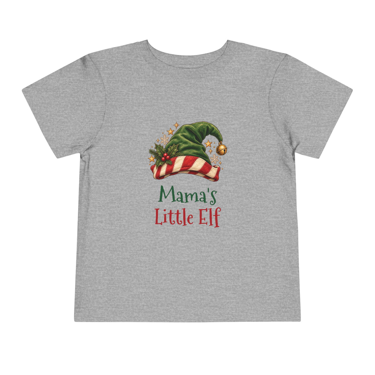 Athletic Heather Mama's Little Elf toddler t-shirt with a green elf hat and holly, front view