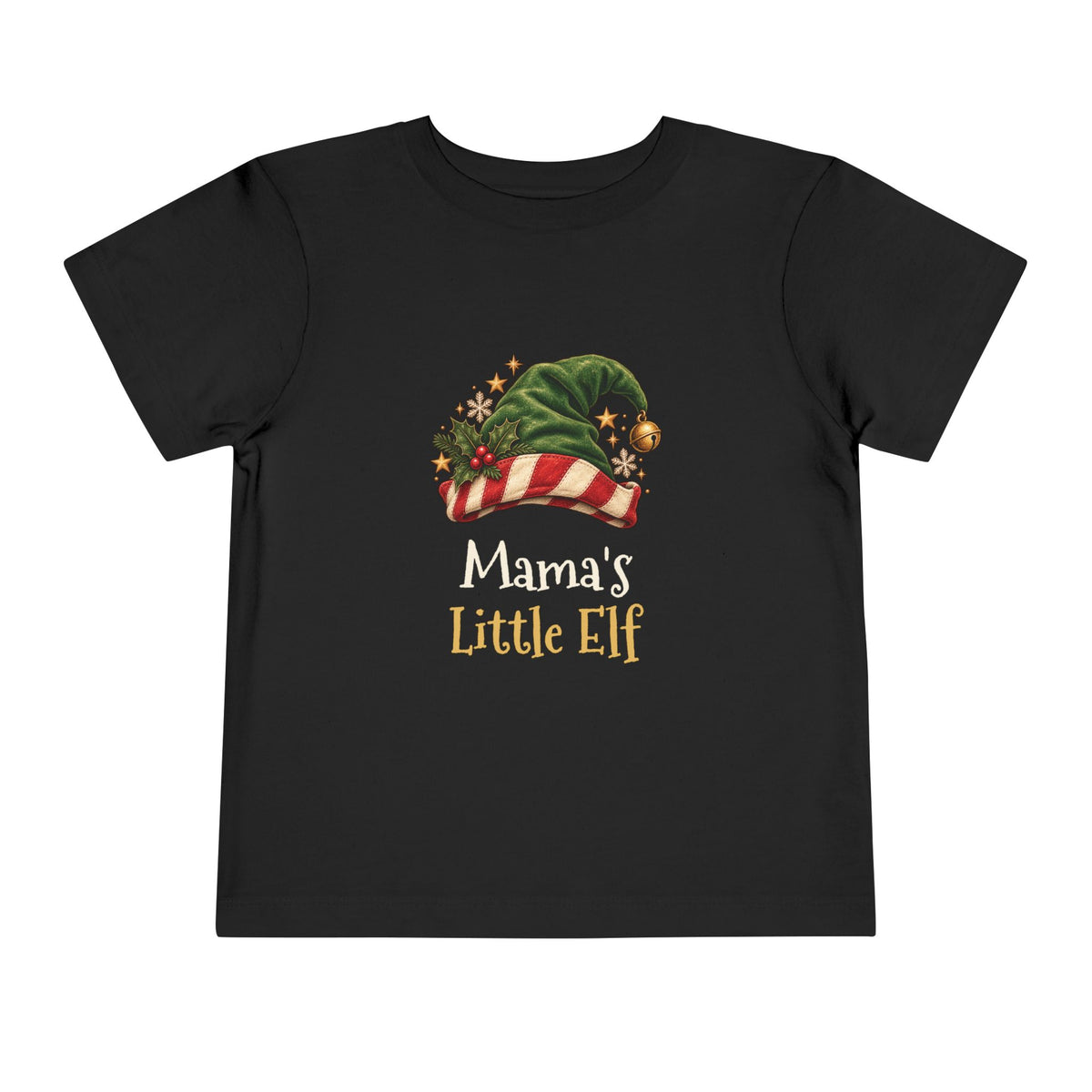 Black Mama's Little Elf toddler t-shirt with a green elf hat and holly, front view