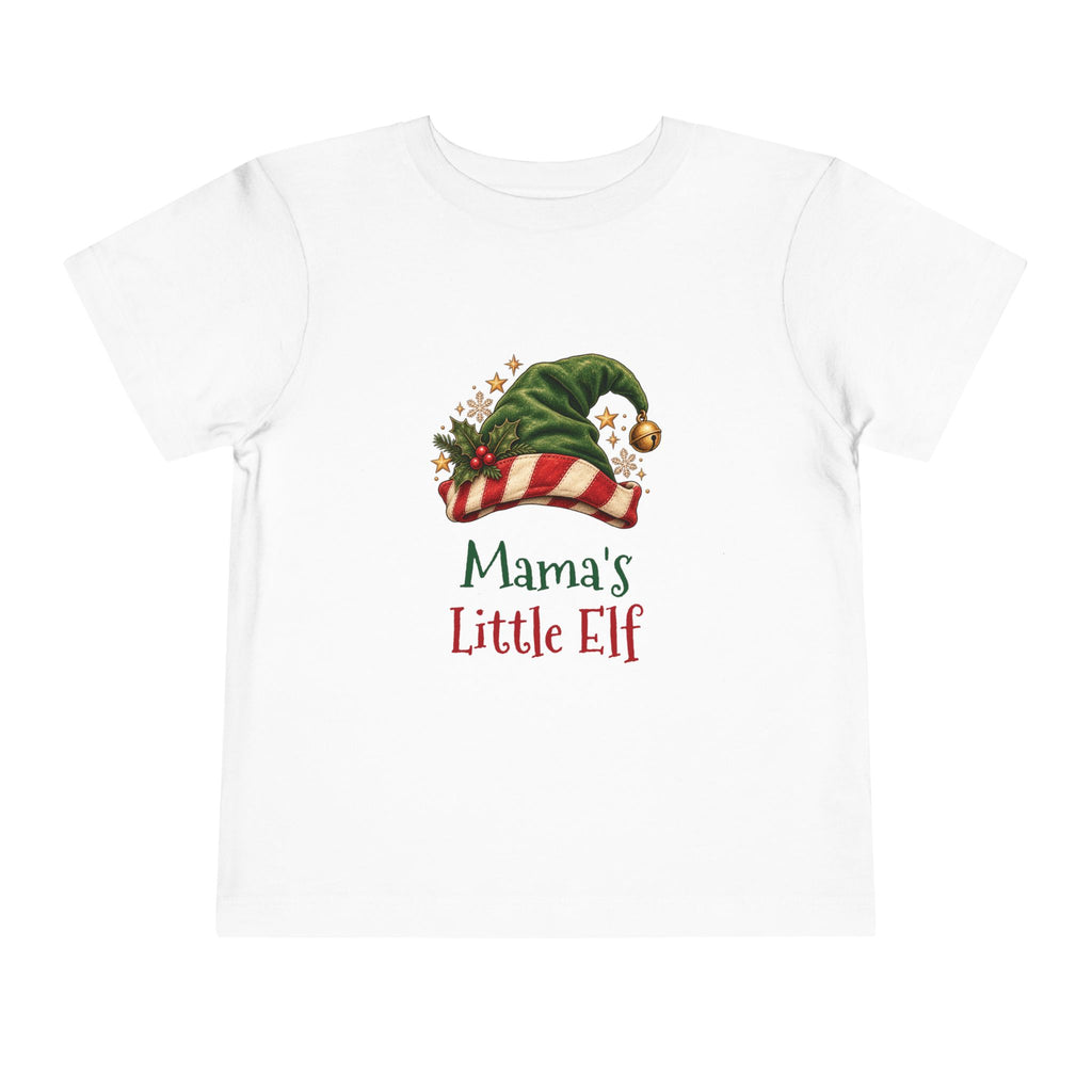 White Mama's Little Elf toddler t-shirt with a green elf hat and holly, front view