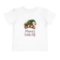 White Mama's Little Elf toddler t-shirt with a green elf hat and holly, front view