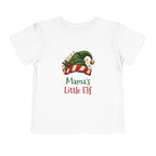 White Mama's Little Elf toddler t-shirt with a green elf hat and holly, front view