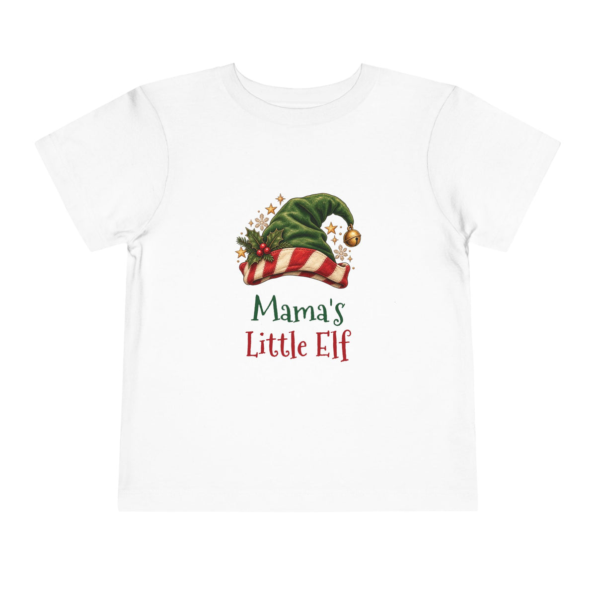 White Mama's Little Elf toddler t-shirt with a green elf hat and holly, front view