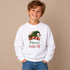 Boy wearing the White Mama's Little Elf Youth Sweatshirt