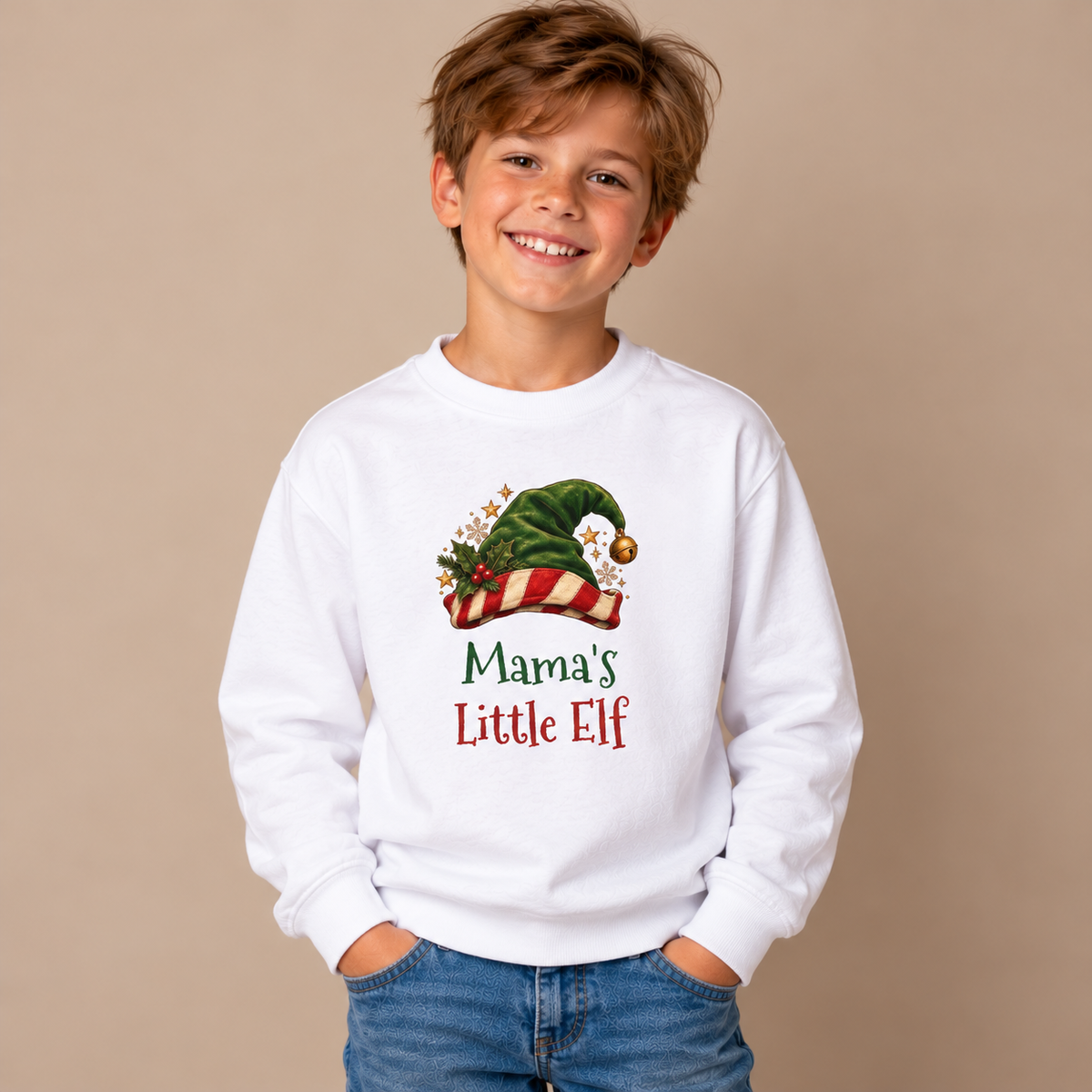 Boy wearing the White Mama's Little Elf Youth Sweatshirt
