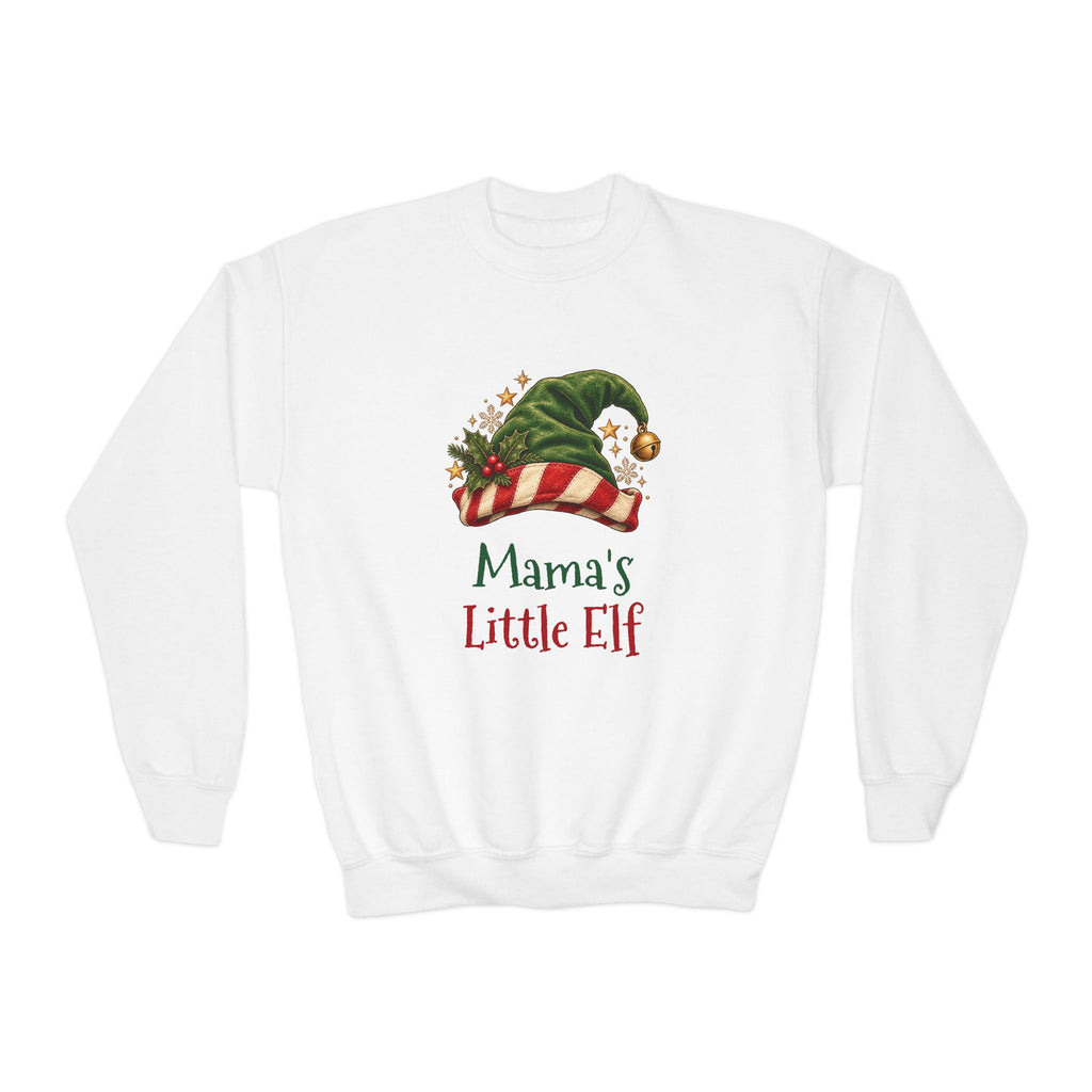 White Mama's Little Elf youth sweatshirt with a green elf hat and holly, front view