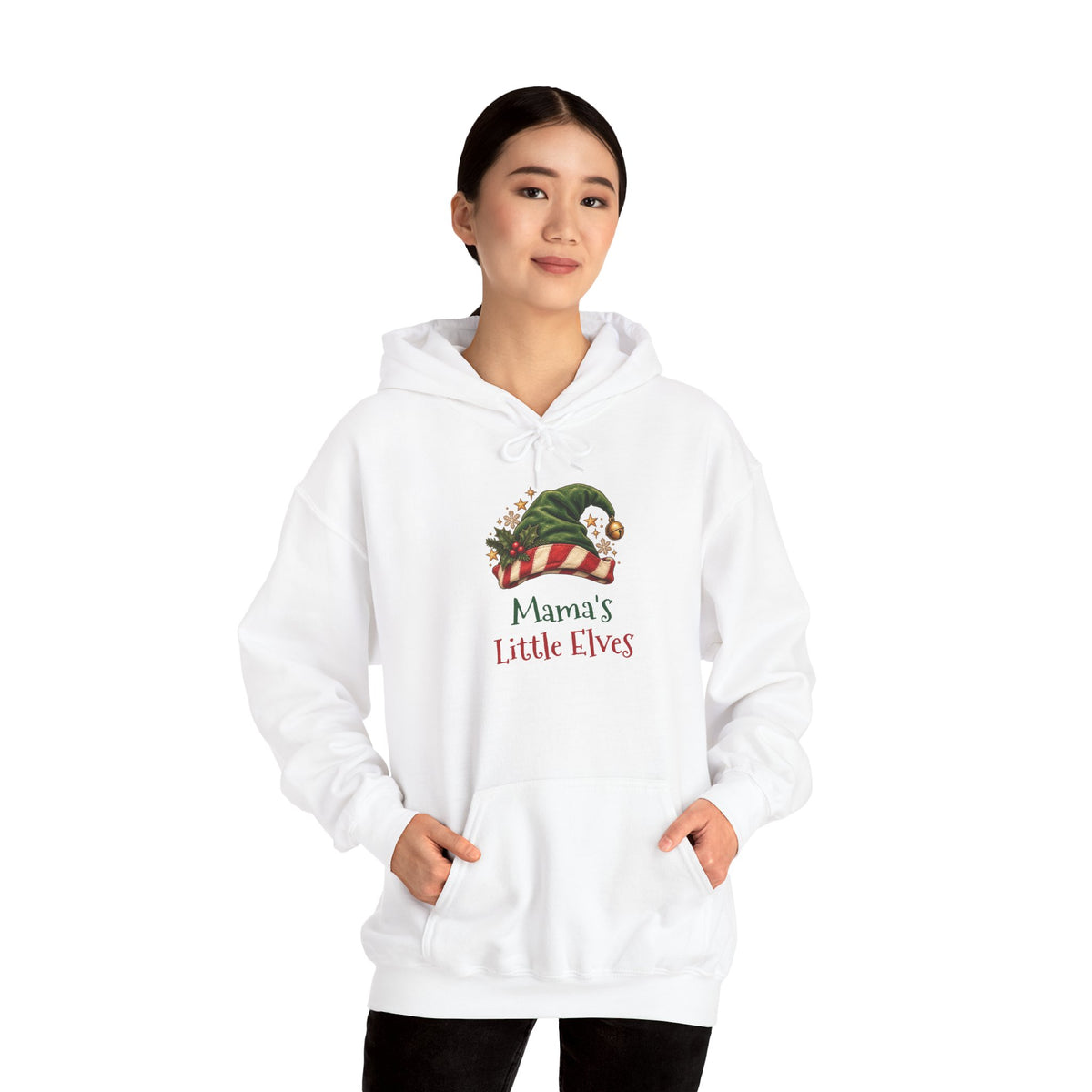 Woman wearing the Mama's Little Elves Hoodie
