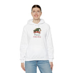 Woman wearing the Mama's Little Elves Hoodie, smiling