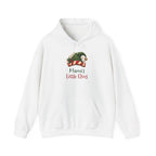 White Mama's Little Elves hoodie with a green elf hat and holly, front view
