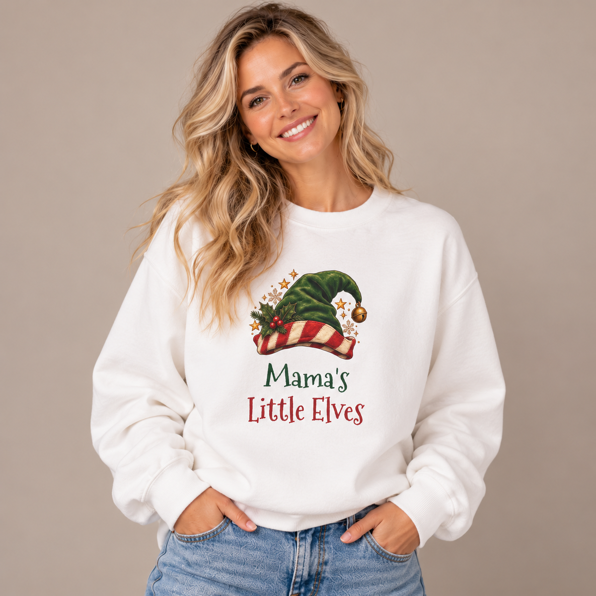 Woman wearing the White Mama's Little Elves Sweatshirt with jeans