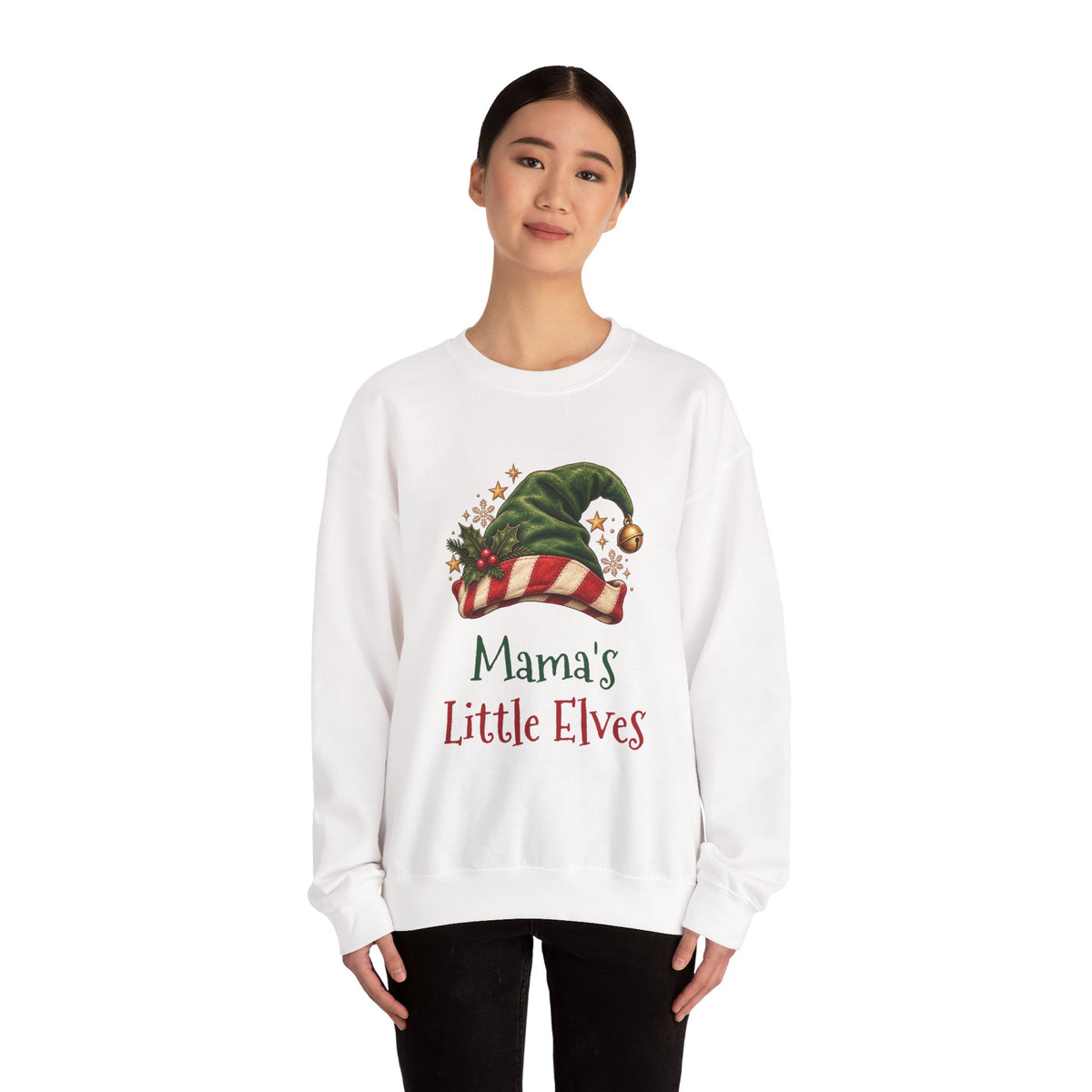 Woman wearing the Mama's Little Elves Sweatshirt