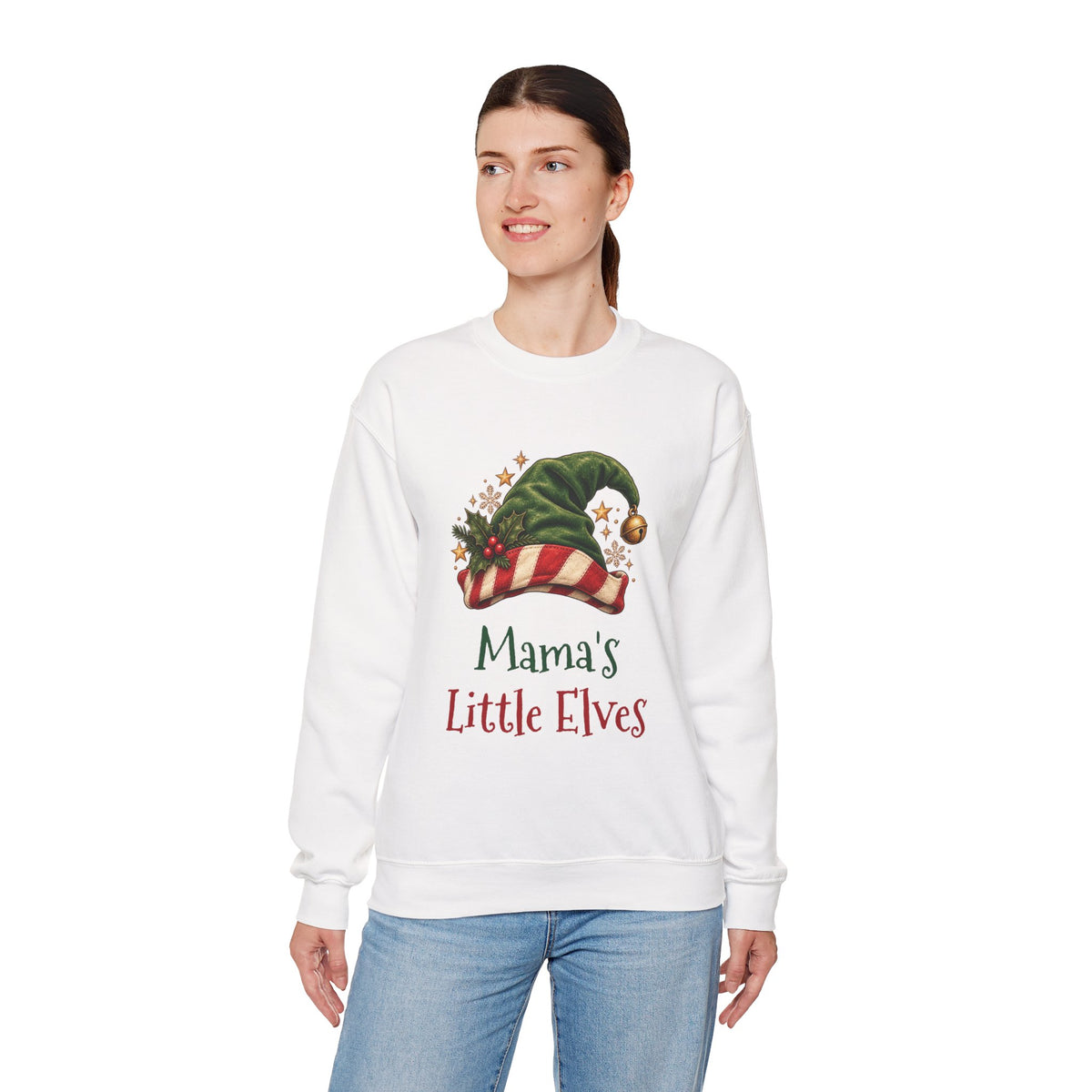 Woman wearing the Mama's Little Elves Sweatshirt, smiling