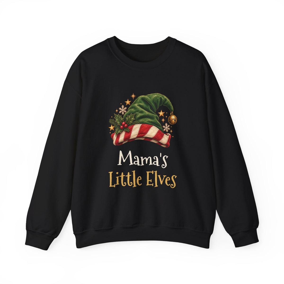 Black Mama's Little Elves sweatshirt with a green elf hat and holly, front view