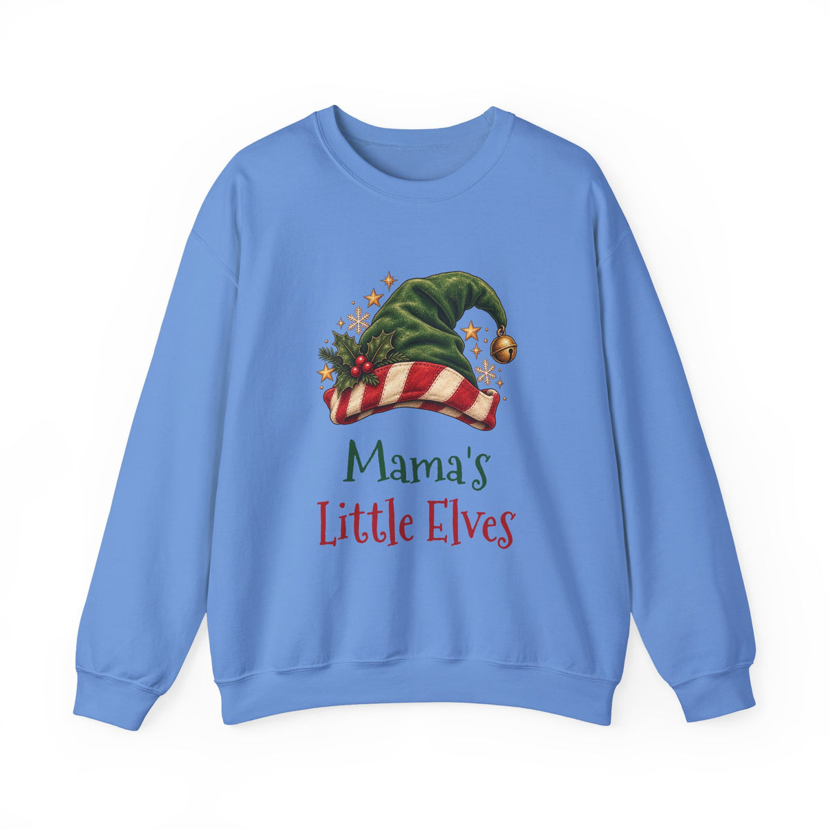 Carolina Blue Mama's Little Elves sweatshirt with a green elf hat and holly, front view