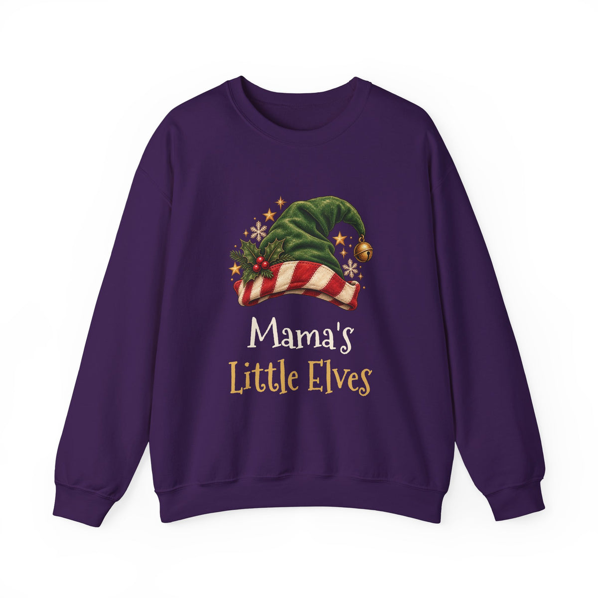 Purple Mama's Little Elves sweatshirt with a green elf hat and holly, front view