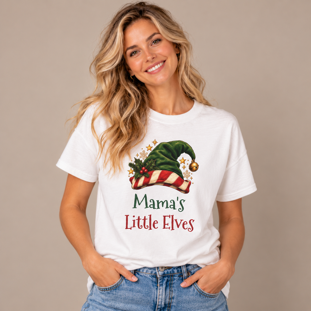 Woman wearing the White Mama's Little Elves T-Shirt with jeans