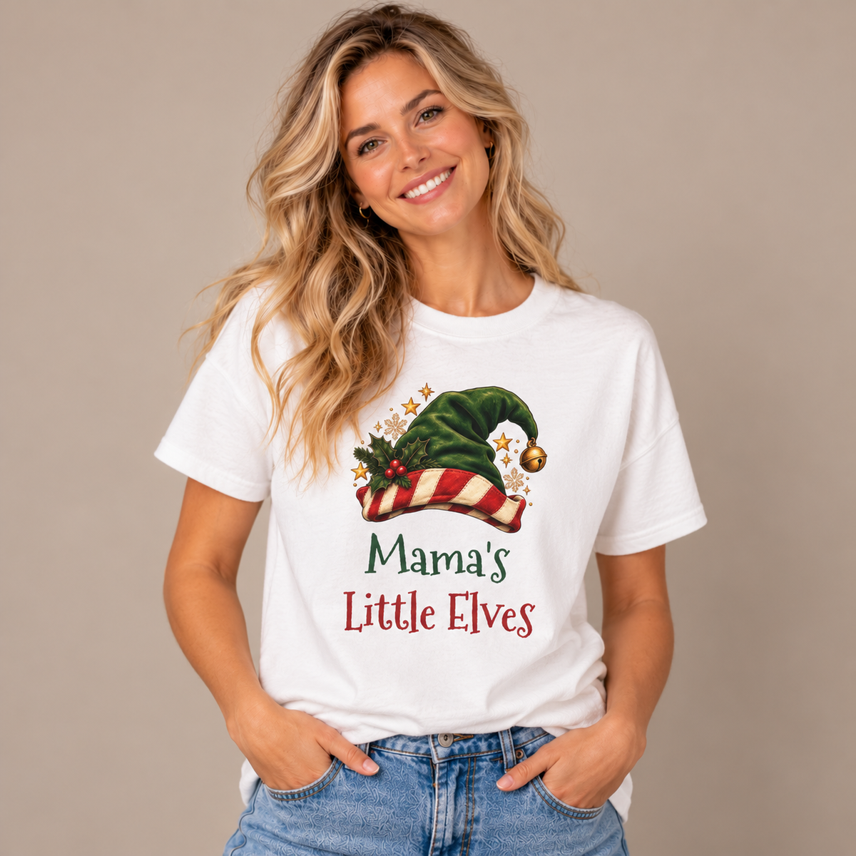 Woman wearing the White Mama's Little Elves T-Shirt with jeans