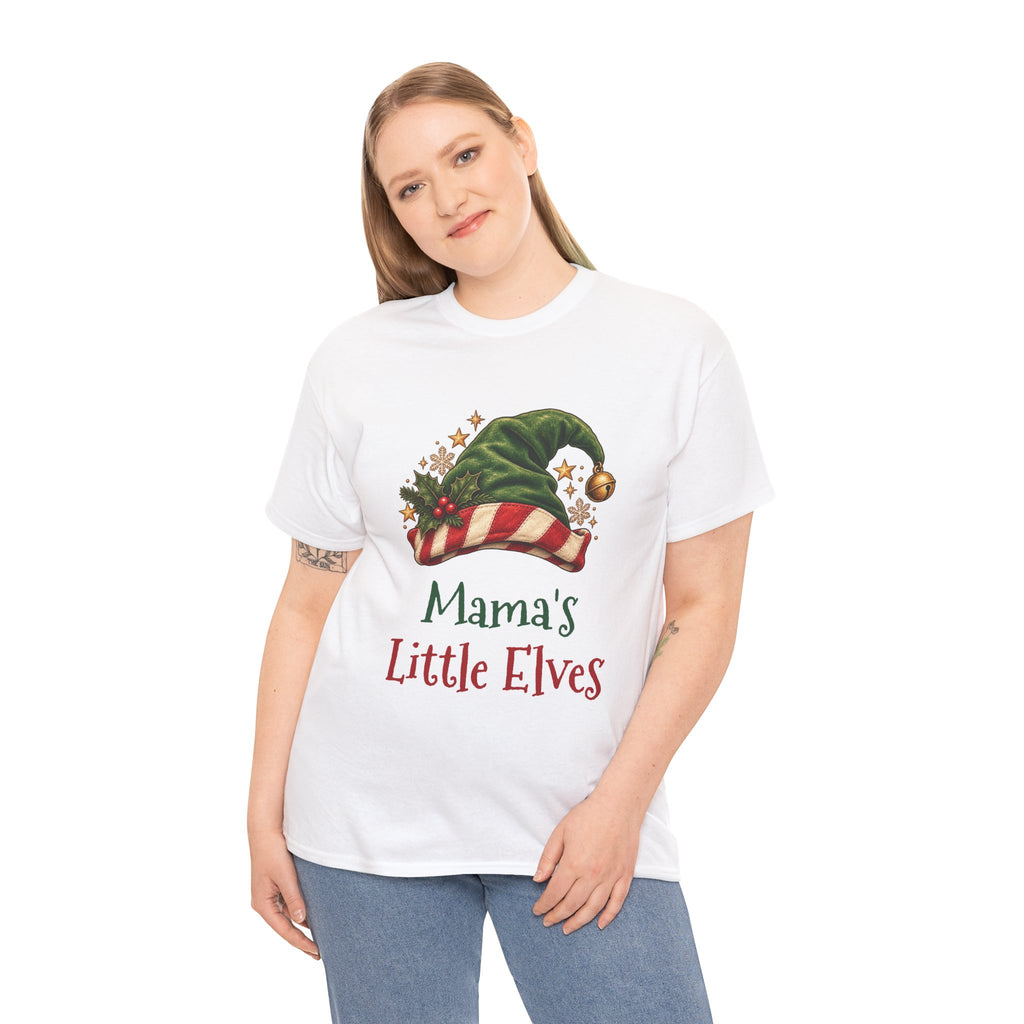 Woman wearing the Mama's Little Elves T-Shirt, smiling