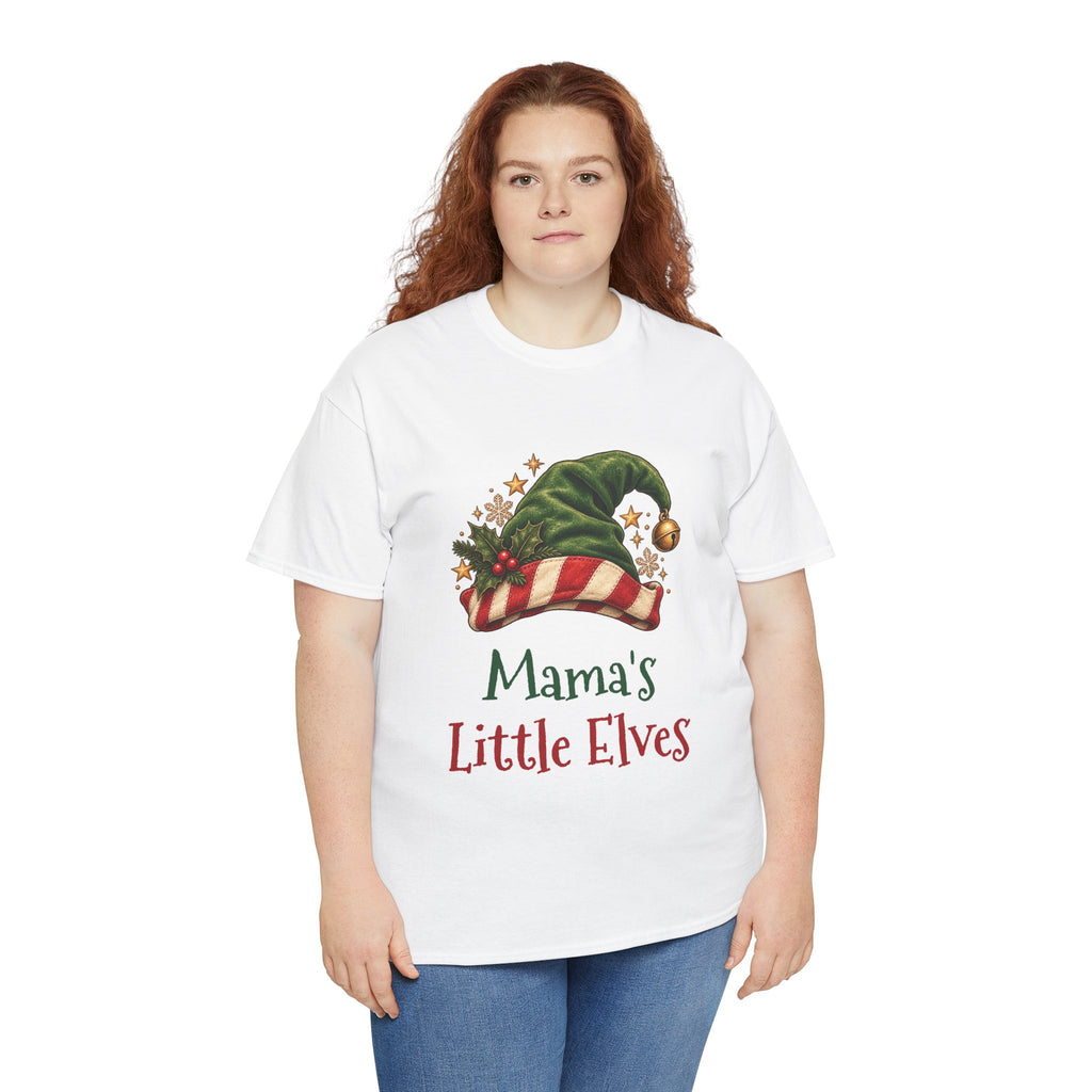 Woman wearing the Mama's Little Elves T-Shirt, front view