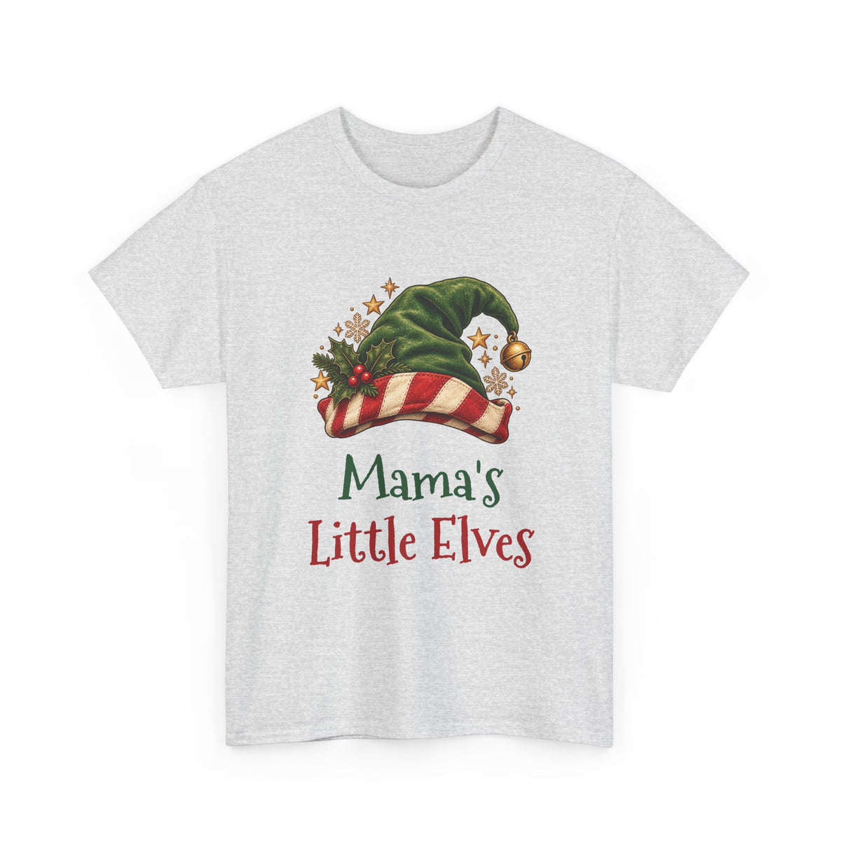 Ash Mama's Little Elves t-shirt with a green elf hat and holly, front view