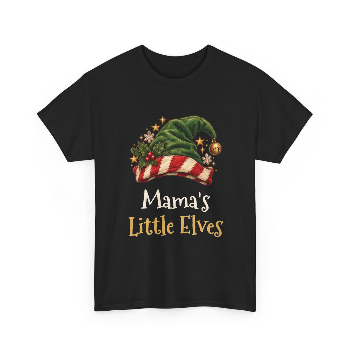 Black Mama's Little Elves t-shirt with a green elf hat and holly, front view