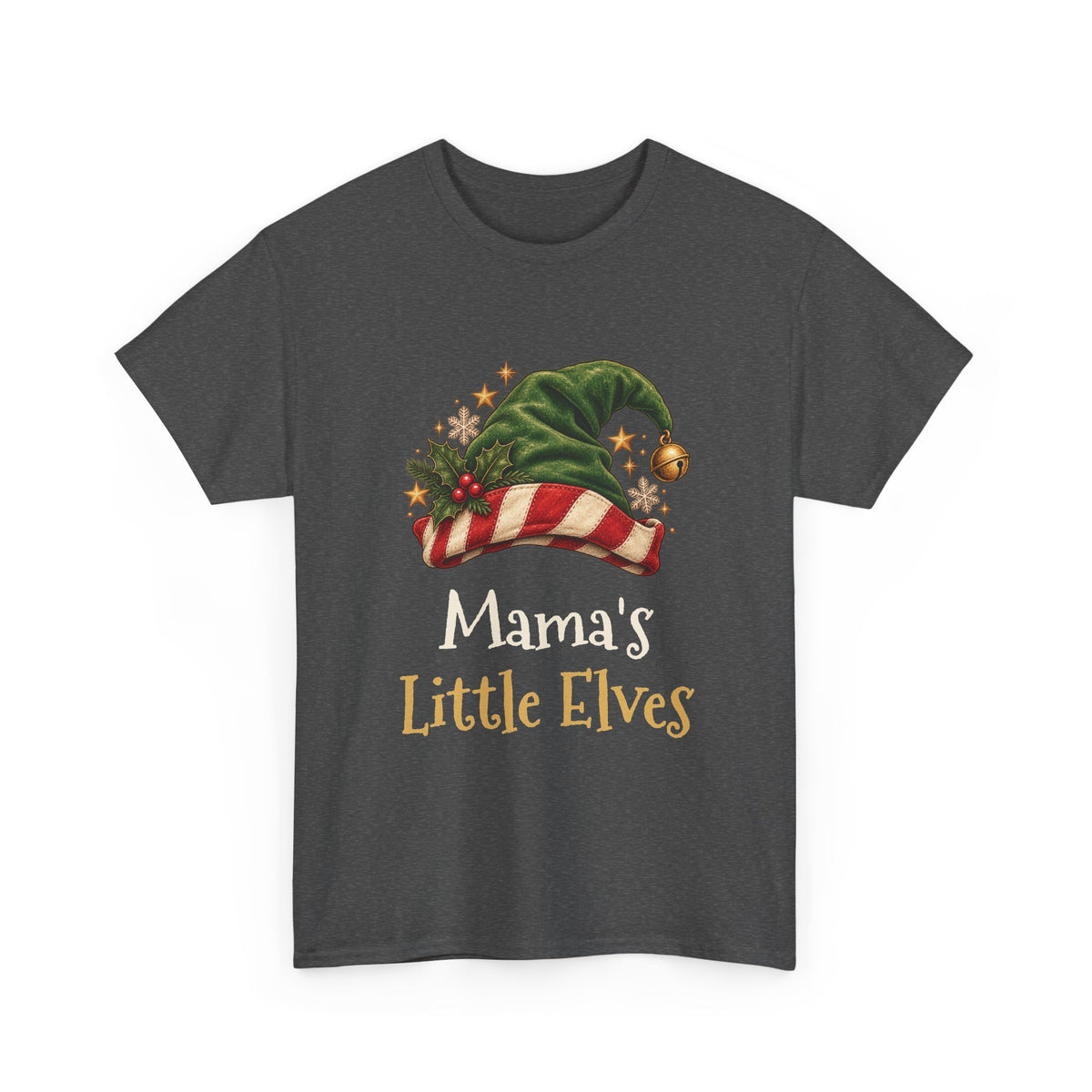 Dark Heather Mama's Little Elves t-shirt with a green elf hat and holly, front view