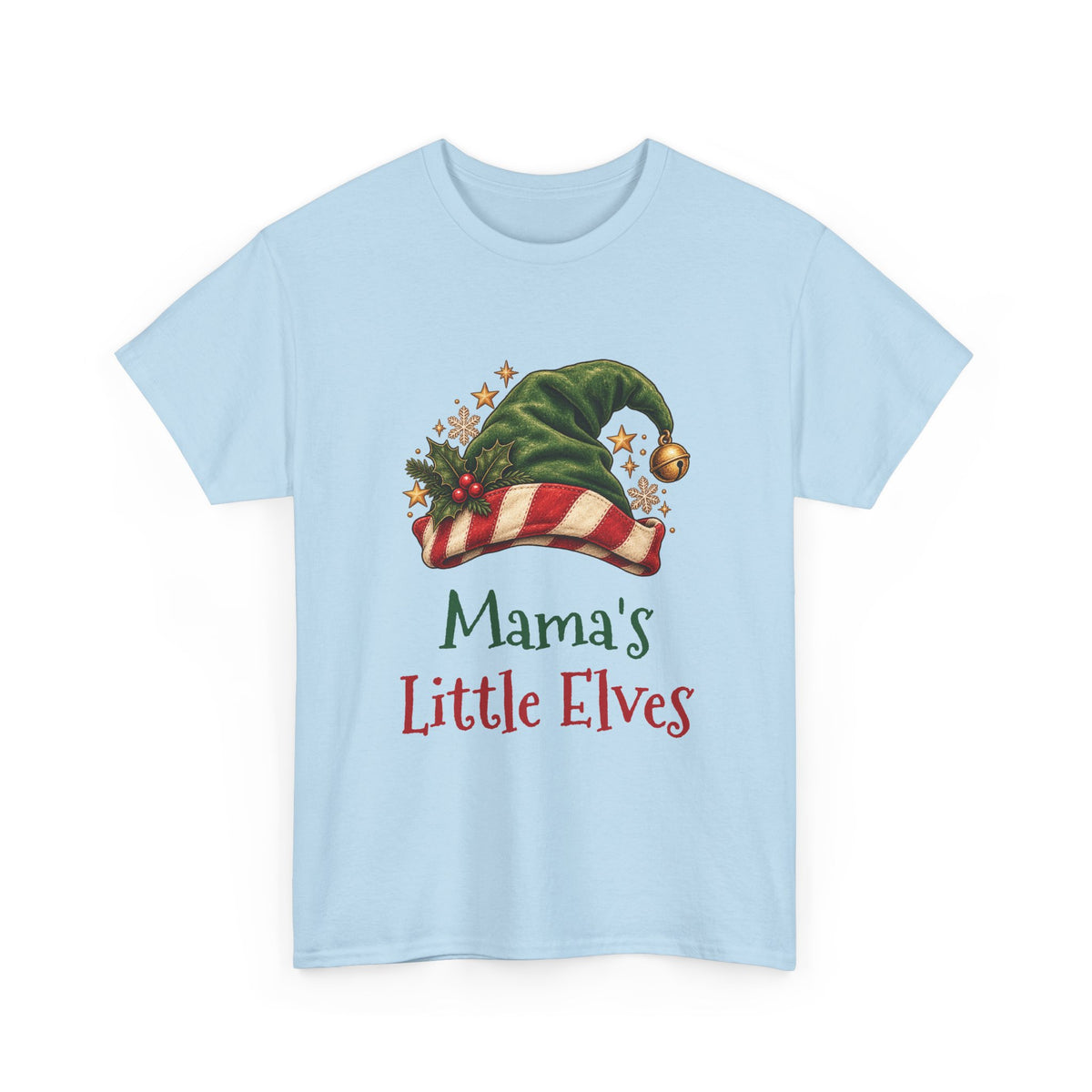 Light Blue Mama's Little Elves t-shirt with a green elf hat and holly, front view