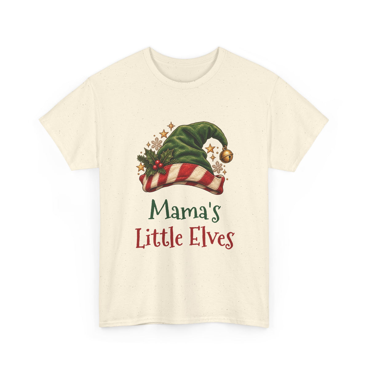 Natural Mama's Little Elves t-shirt with a green elf hat and holly, front view
