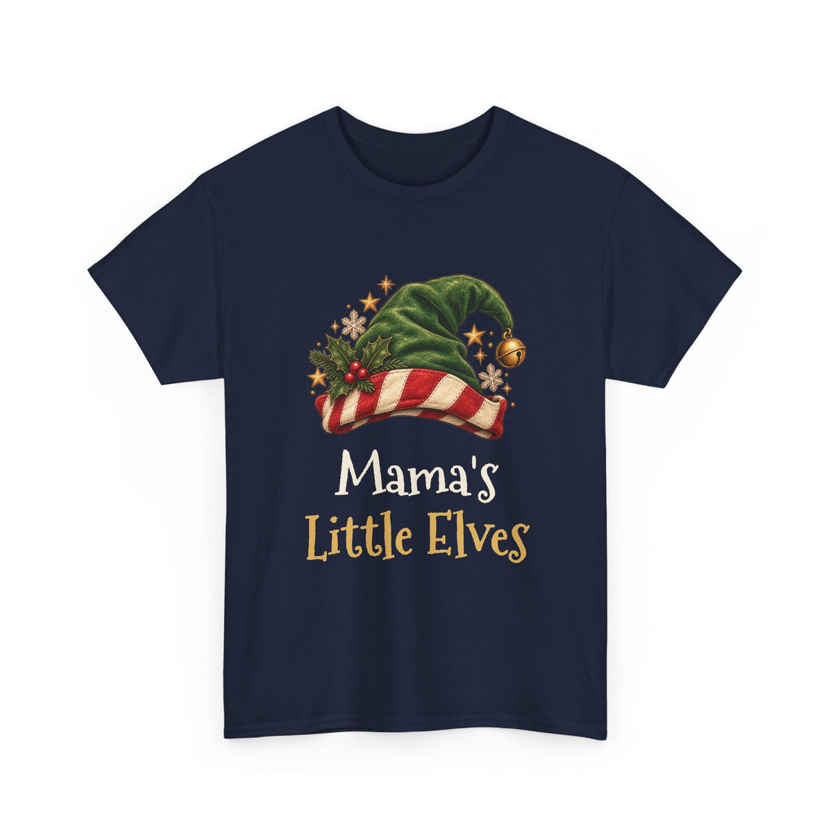 Navy Mama's Little Elves t-shirt with a green elf hat and holly, front view