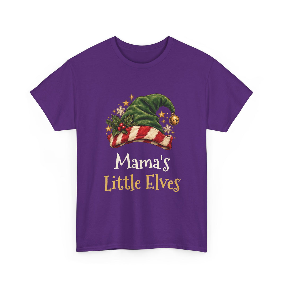 Purple Mama's Little Elves t-shirt with a green elf hat and holly, front view
