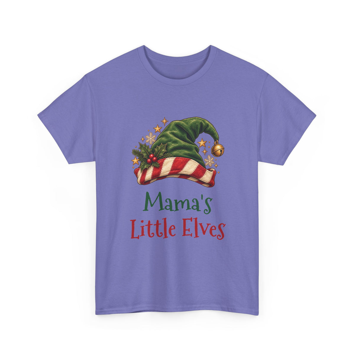 Violet Mama's Little Elves t-shirt with a green elf hat and holly, front view