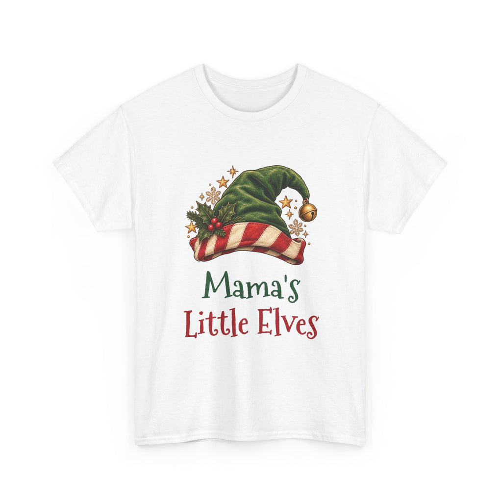 White Mama's Little Elves t-shirt with a green elf hat and holly, front view